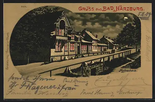 Mondschein-Lithographie Bad Harzburg, Molkenhaus mit Strasse