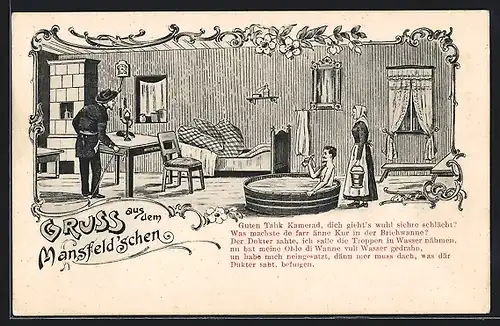 Künstler-AK Mansfeld, Bergmann besucht eigenwilligen Kranken, Waschzuber