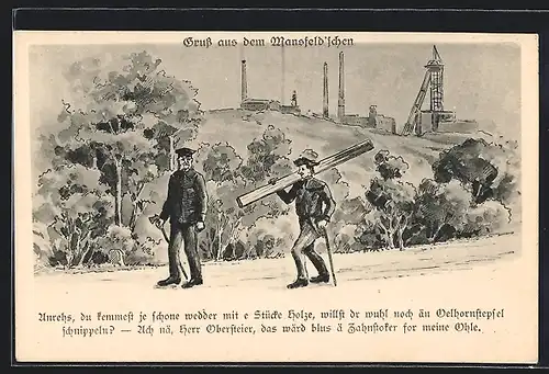 Künstler-AK Mansfeld, Eigenwilliger Bergmann im Dialog mit dem Steiger
