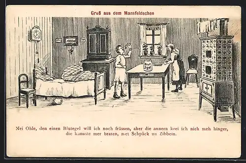 Künstler-AK Mansfeld, Der Mansfelder isst Blutegel