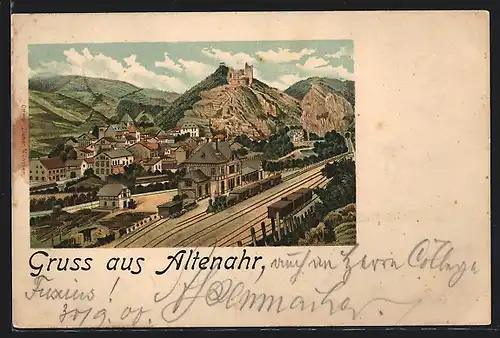 Lithographie Altenahr, Teilansicht mit Bahnhof
