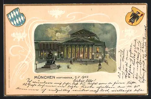 Passepartout-Lithographie München, Hoftheater mit Denkmal, Bayr. Wappen, Kindl-Wappen