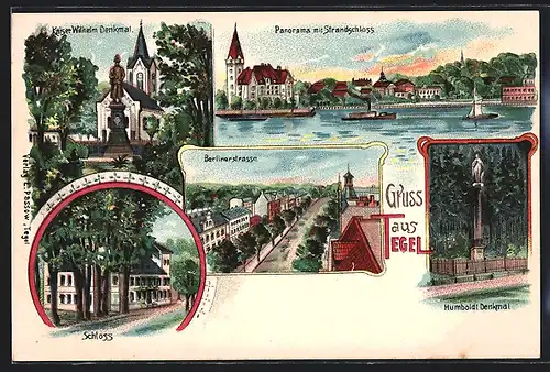 Lithographie Berlin-Tegel, Humboldt-Denkmal, Berlinerstrasse, Schloss