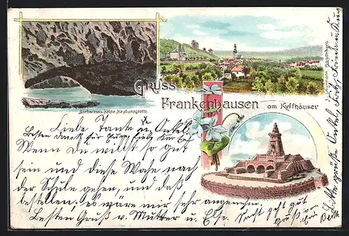 Lithographie Frankenhausen /Kyffh., Denkmal, Neptunsgrotte in der Barbarossahöhle, Ortsansicht