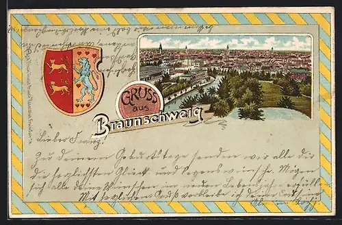 Passepartout-Lithographie Braunschweig, Ortsansicht mit Fluss aus der Vogelschau, Wappen