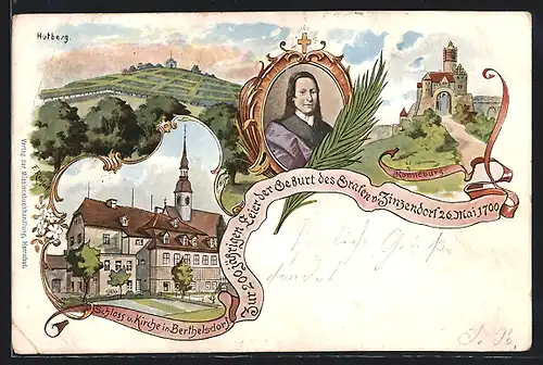 Lithographie Berthelsdorf, Schloss und Kirche, Hutberg