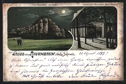 Mondschein-Lithographie Struppen, Gasthaus Restauration Rauenstein M. Naupert, Ortsansicht