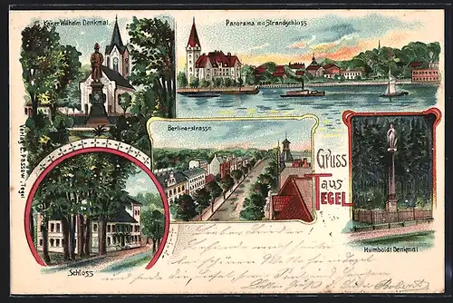 Lithographie Berlin-Tegel, Humboldt-Denkmal, Berlinerstrasse, Schloss