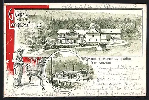 Lithographie Wehrheim, Gasthaus und Restauration zur Lochmühle, Bahnhof Saalburg