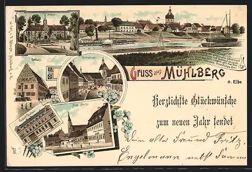 Lithographie Mühlberg, Kirchstrasse, Alter Markt, Rathaus, Schloss