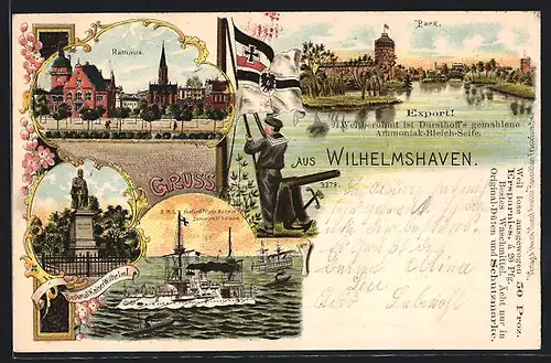 Lithographie Wilhelmshaven, Rathaus, Panzerschiff S. M. S. Kurfürst Friedrich Wilhelm, Denkmal Kaiser Wilhelm I.