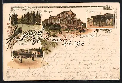 Vorläufer-Lithographie Bad Schwalbach, 1894, Kurhaus, Stahlbrunnen, Weinbrunnen
