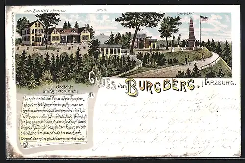 Lithographie Harzburg, Hotel Burgberg, Brocken, Ganossasäule, Wanderer, Gedicht am Kaiserbrunnen um 1900