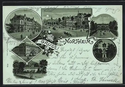 Mondschein-Lithographie Northeim, Hotel Sonne, Post, Bahnhof