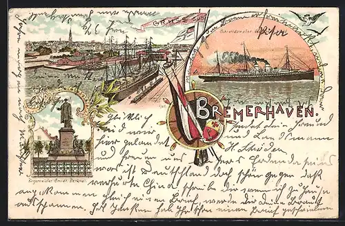 Lithographie Bremerhaven, Schnelldampfer des Nordd. Lloyd, Bürgermeister Smidt-Denkmal, Hafen