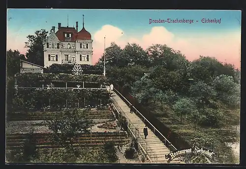 AK Dresden-Trachenberge, Restaurant Eichenhof mit Treppe und Garten