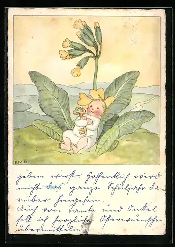 Künstler-AK sign. Bohatta-Morpurgo: Kleines Kind mit Schlüssel in den Blättern einer Blume