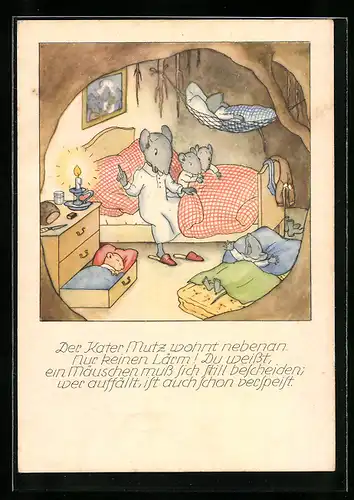 Künstler-AK sign. Bohatta-Morpurgo: Mäuschen-Familie geht schlafen