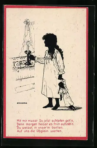 Künstler-AK sign. Zinnoris: Mädchen im Nachthemd mit Puppe, Schattenbild