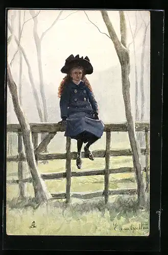 Künstler-AK sign. E. van Goethem: Mädchen in Mantel und Hut sitzt auf einem Zaun