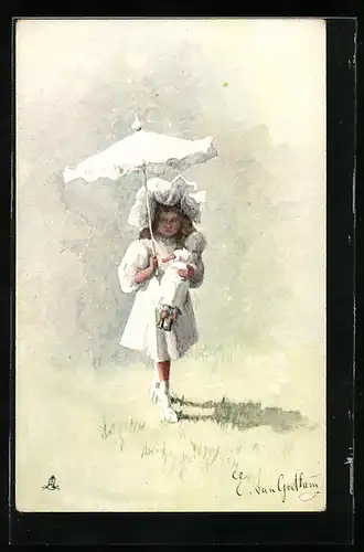 Künstler-AK sign. E. van Goethen: Cut for a Walk, Mädchen mit Schirm und Puppe