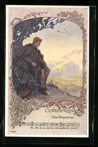 Künstler-AK Schubert-Lied Der Wanderer, Wanderer mit Landschaftspanorama
