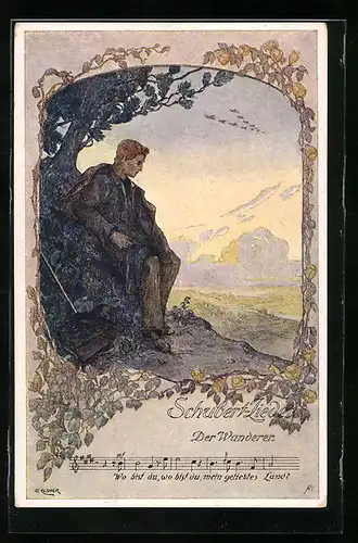 Künstler-AK Schubert-Lied Der Wanderer, Wanderer mit Landschaftspanorama