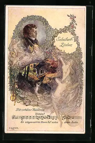 AK Portrait Schubert, Die schöne Müllerin, Liednoten