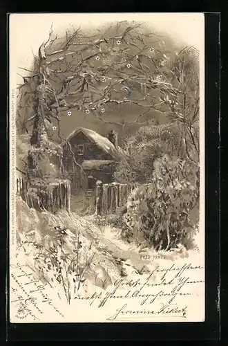 Künstler-AK sign. Fred Hines: Winteridylle, Verschneite Landschaft an einem Haus unter Sternenhimmel