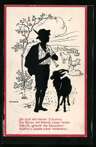 Künstler-AK sign. Zinnoris: Kleiner Hirte mit Flöte und Ziege