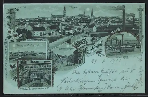 Lithographie Neunkirchen, Totalansicht, Bahnhofstrasse, Grube König