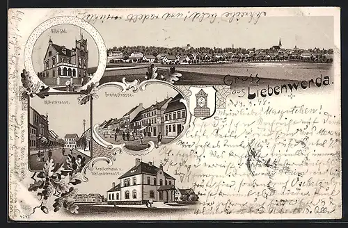 Lithographie Liebenwerda, Villa Ida, Krankenhaus und Weilandstrasse, Breitestrasse