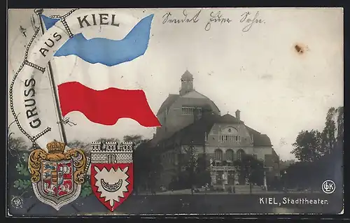 AK Kiel, Stadttheater mit Wappen und Fahne