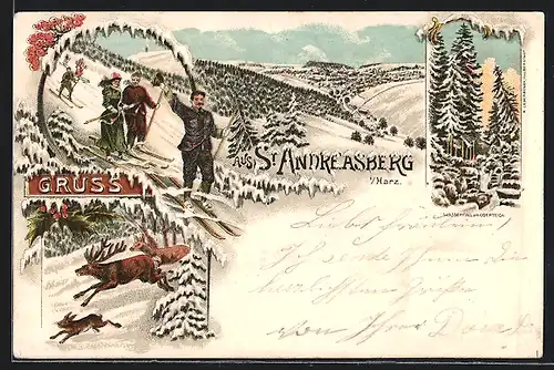 Winter-Lithographie St. Andreasberg i. Harz, Skifahrer am Hang, Wasserfall am Oderteich, Hirsch mit Rehen