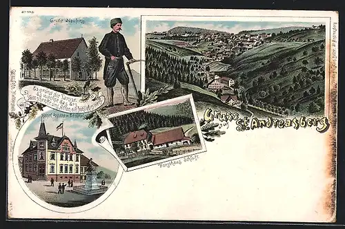 Lithographie St. Andreasberg, Grube Neufang, Kaiserl. Postamt m. Denkmal, Forsthaus Schluft