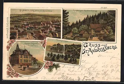 Lithographie St. Andreasberg, Kaiserl. Postamt mit Denkmal, Rehberger Grabenhaus
