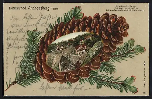 Passepartout-Lithographie St. Andreasberg i. Harz, Ortspartie im Tannenzapfen