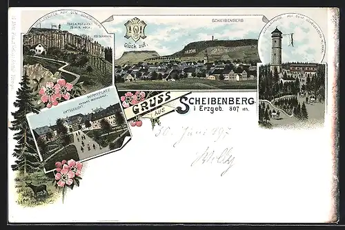 Lithographie Scheibenberg i. Erzgeb., Marktplatz, Kaisers Restaurant, Amtsgericht, Orgelpfeifen a. d. Scheibenberg