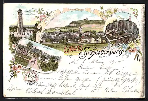 Lithographie Scheibenberg, Carola-Turm mit Unterkunftshaus, Marktplatz, Orgelpfeifen auf dem Scheibenberg