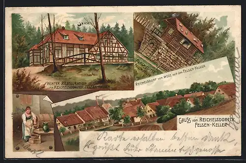 Lithographie Nürnberg, Gasthaus am Reichelsdorfer Felsenkeller mit Winterhütte und Blockhütte