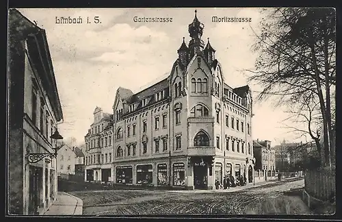 AK Limbach i. Sa., Gartenstrasse Ecke Moritzstrasse mit Geschäft