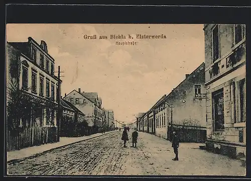 AK Biehla b. Elsterwerda, Hauptstrasse mit Drogerie