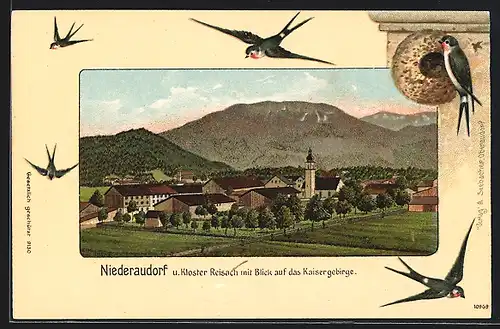 Passepartout-Lithographie Niederaudorf, Ortsansicht mit Kloster Reisach & Blick auf das Kaisergebirge, Schwalbennest