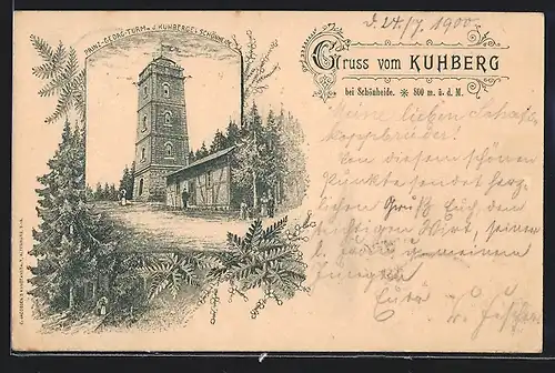 Lithographie Schönheide, Prinz-Georg-Turm auf dem Kuhberg