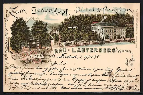Lithographie Bad Lauterberg, Hotel und Pension Zum Eichenkopf, Kur-Quelle