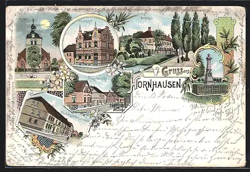 Lithographie Hornhausen, Oschersleber Strasse, Kirche, Postamt, Schloss