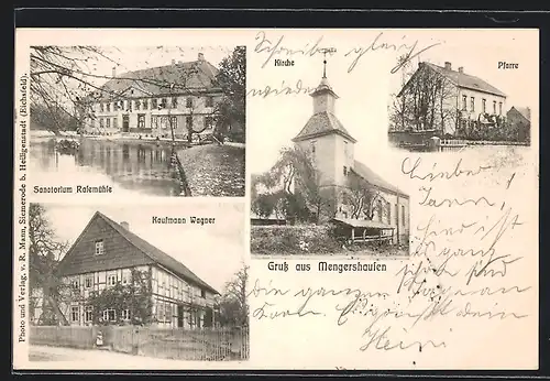 AK Mengershausen, Kaufmann Wagner, Sanatorium Rasemühle, Kirche