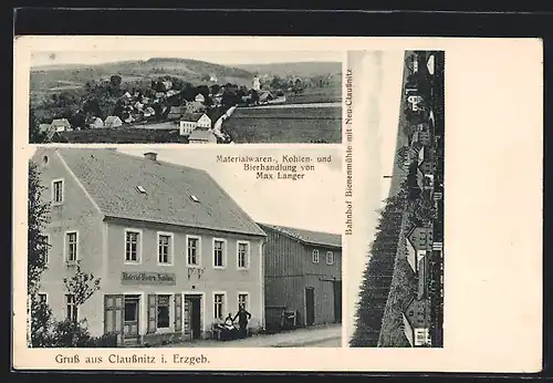 AK Claussnitz i. Erzgeb., Materialwarenhandlung von Max Langer, Bahnhof Bienenmühle mit Neu-Claussnitz, Teilansicht