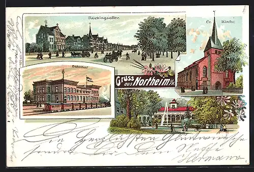 Lithographie Northeim i. H., Kirche, Bahnhof, Rückingsallee