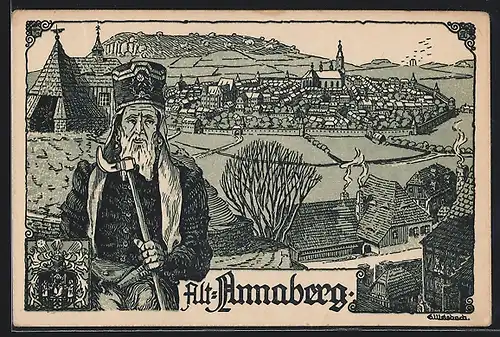 Lithographie Alt-Annaberg, Ortsansicht, Bergmann